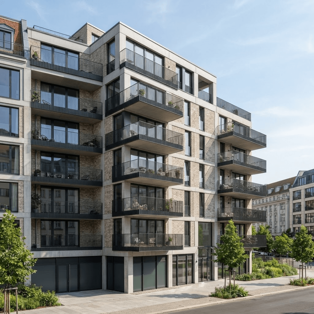 Modernes Mehrfamilienhaus mit Aluminiumgeländern