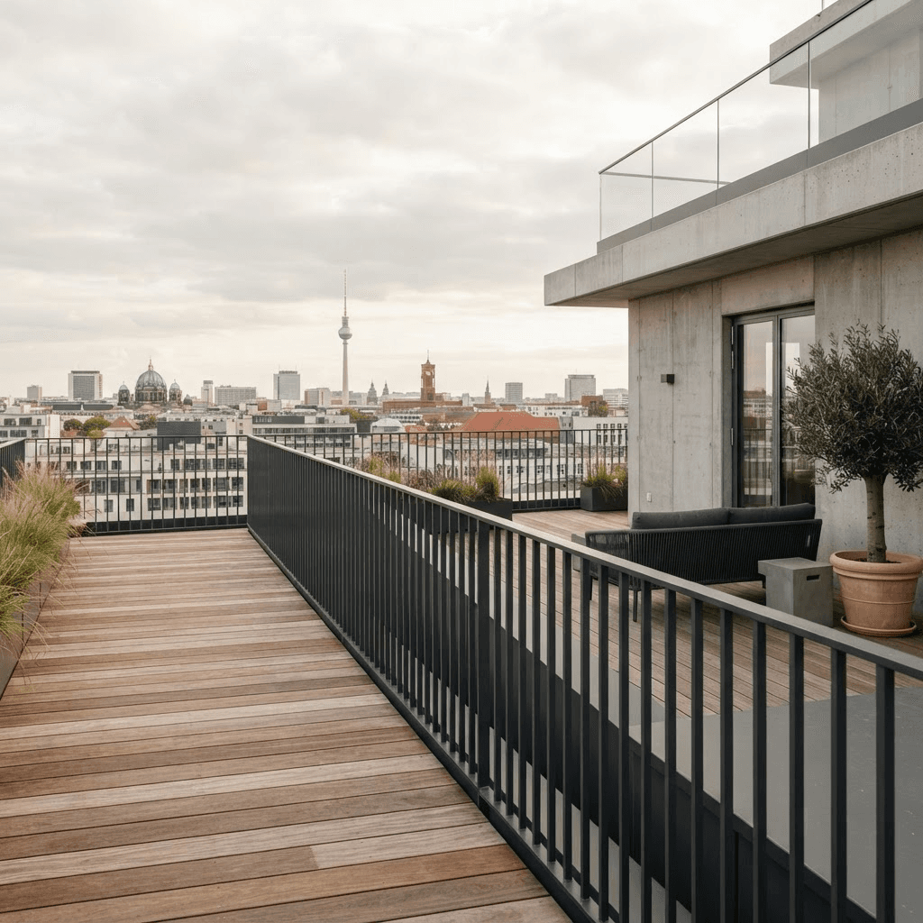 Moderne Dachterrasse mit elegantem vertikalem ZEBRAL Aluminiumgeländer